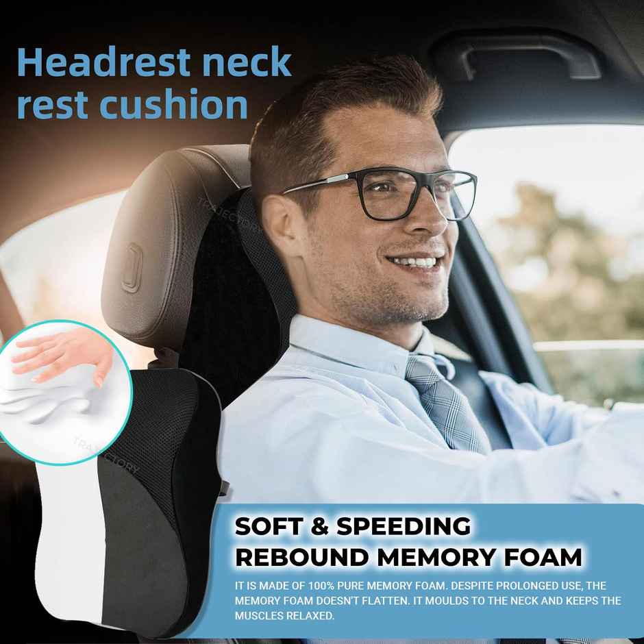 Trajectory Back Support For Chair & Car Seat, Orthopedic Lumbar Support Memory Cushion (1pc) & Trajectory Car Headrest Pillow In Memory Foam For Orthopedic | Neck Pain Pillow (1pc) Combo