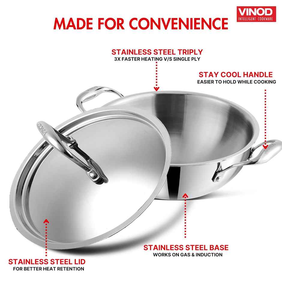 Vinod Platinum Triply Stainless Steel Extra Deep Kadai With Lid- 24 Cm, 3.2 L (Induction Friendly)