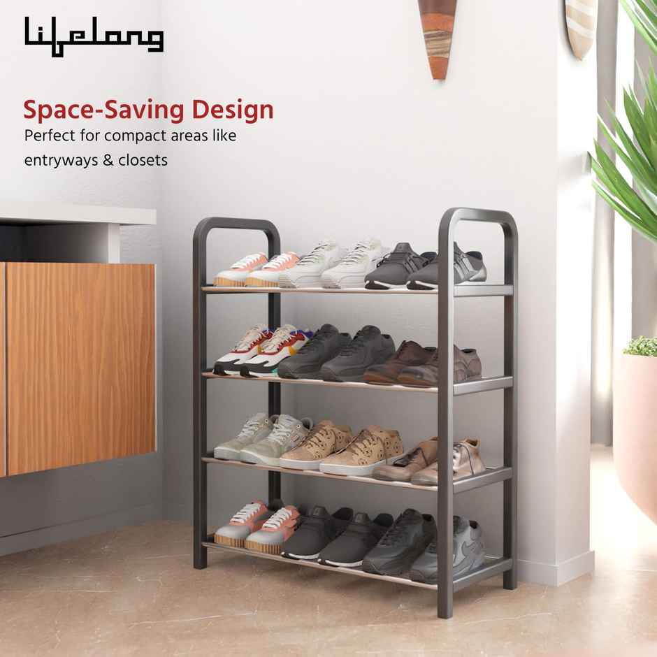 Lifelong Shoe Rack for Home | 4-Tier | Ideal for 12 Shoe Pairs | Space Saving | Chrome Finish