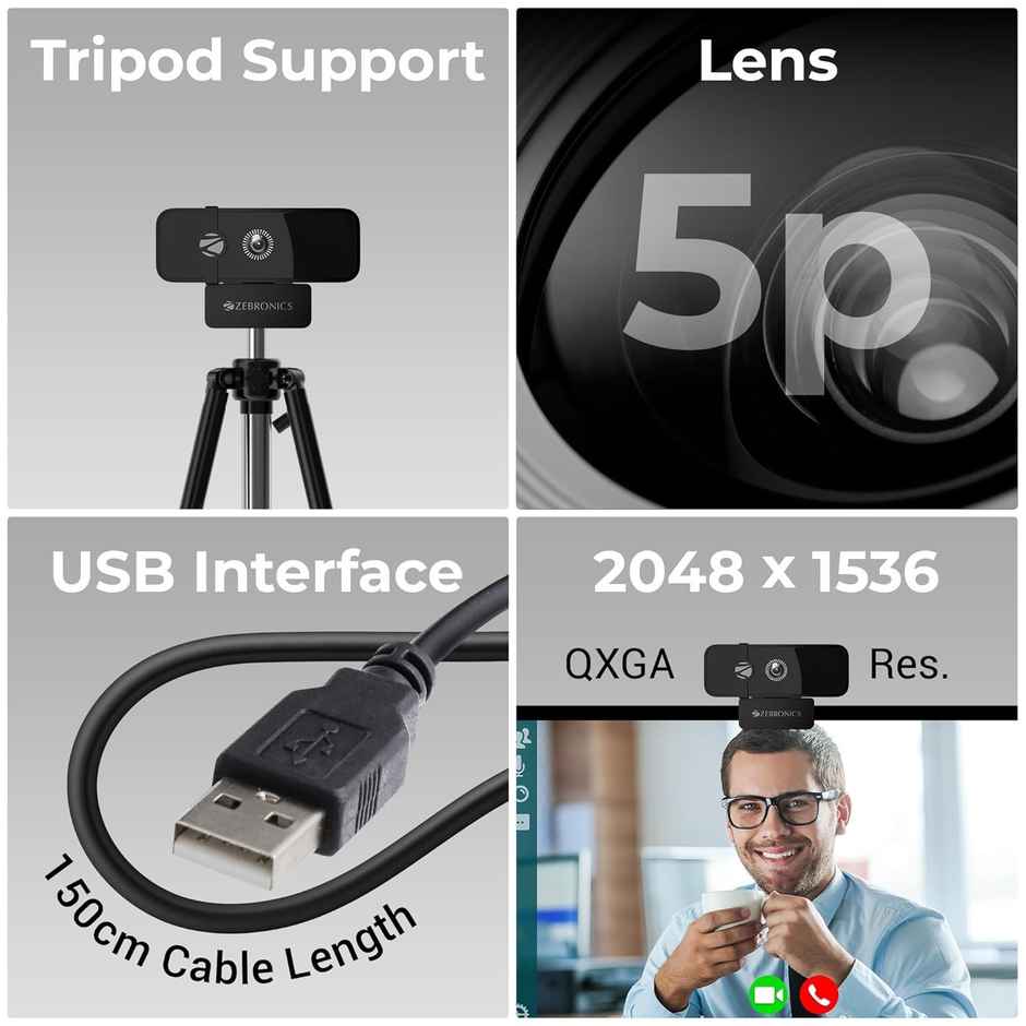 Zebronics Sharp Pro High Resolution Digital Webcam, 30 Fps, 2048 X 1536 Qxga, Microphone, Auto Focus, Dedicated Privacy Shutter, Tripod Support, Compatible with Laptops, Mac for Zoom, Skype, Discord - Black