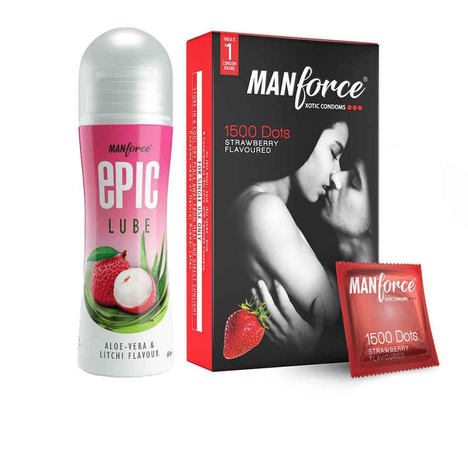 Manforce Xotic Extra Dotted Strawberry Flavoured Condoms (10pc) & Manforce Epic Lube - Aloe-Vera & Litchi (60ml) Combo