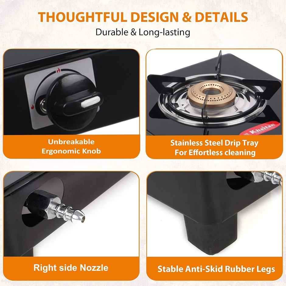 Khaitan 1 Burner BP Jio Toughened Glass | LPG Cooktop I Manual Ignition Stove | Black