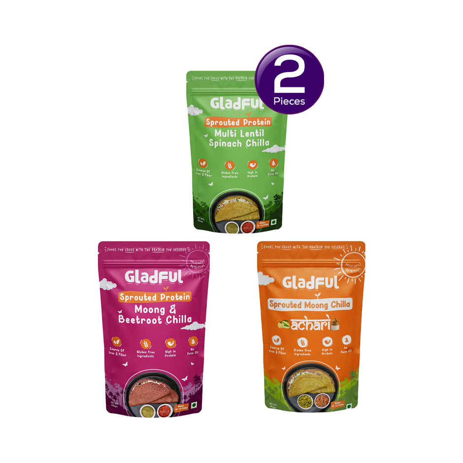 Gladful Beetroot Protein Sprouted Lentils and Millets Instant Chilla Mix(200.0 gms), Gladful Spinach Protein Sprouted Lentils and Millets Instant Chilla Mix(200.0 gms) & Gladful Achari Instant Chilla(200.0 gms) Combo