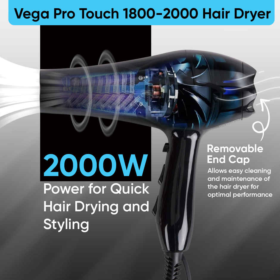 VEGA Pro Touch 2000W Professional Hair Dryer With Cool Shot (Vhdp-02), Black