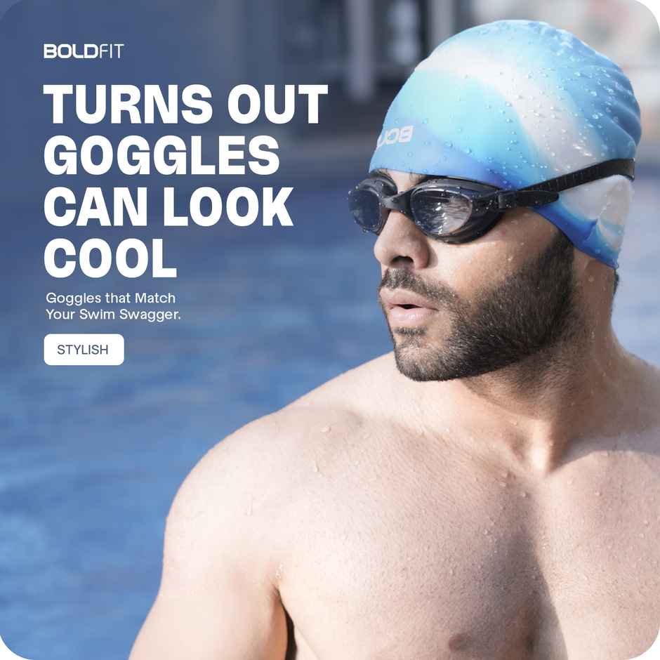 Boldfit Swimming Goggles for Unisex Adjustable Strap | Airtight Fit for Adults - Black