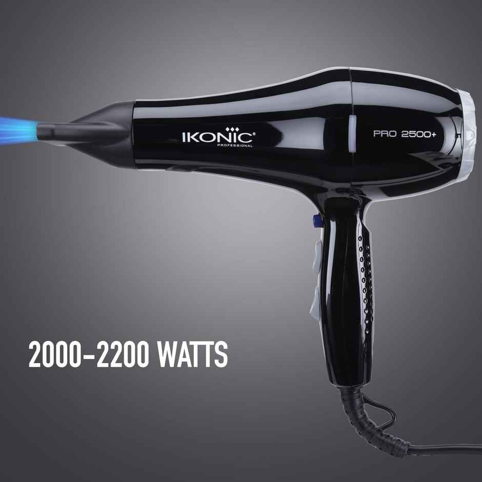 Ikonic 2500+ Professional Hair Dryer, Black, 2500W, 2 Speed & 3 Heat Settings with Cool Shot