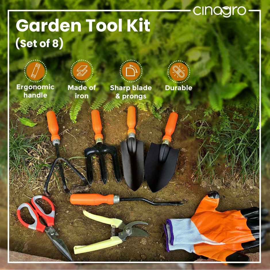 Cinagro Garden Tools - 8 Pcs, Weeder, 2 Trowels, Hand Fork, Cultivator, Scissors, Pruner, Gloves