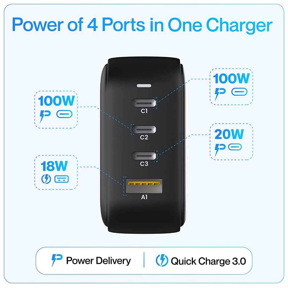 Ambrane 100W Charger Adapter | 4 Ports - 3 Type C & 1 Usb - Black