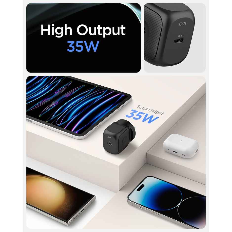 Spigen PE2300 GaN 35W Wall Charger for iPhone, Samsung Galaxy, Oneplus, Vivo and More - Black