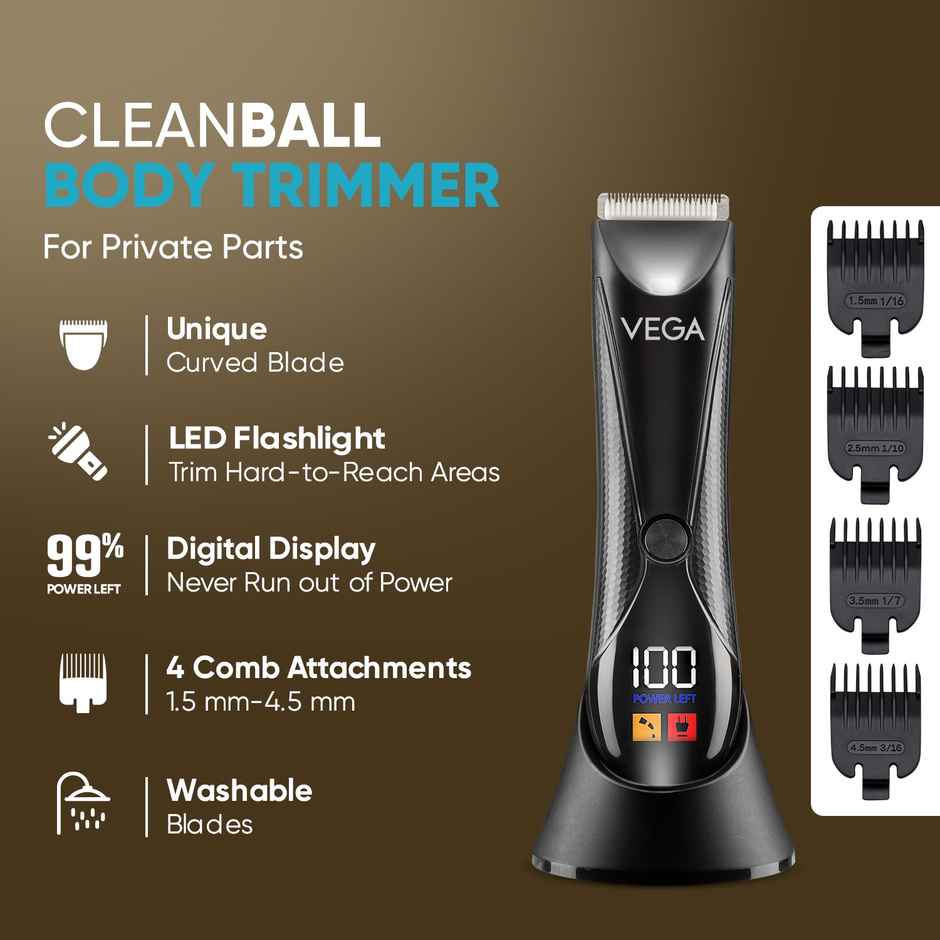 VEGA CleanBall Full Body Trimmer for Men Private Parts, Body, IPX5, 90 mins Runtime (VHTH-33)