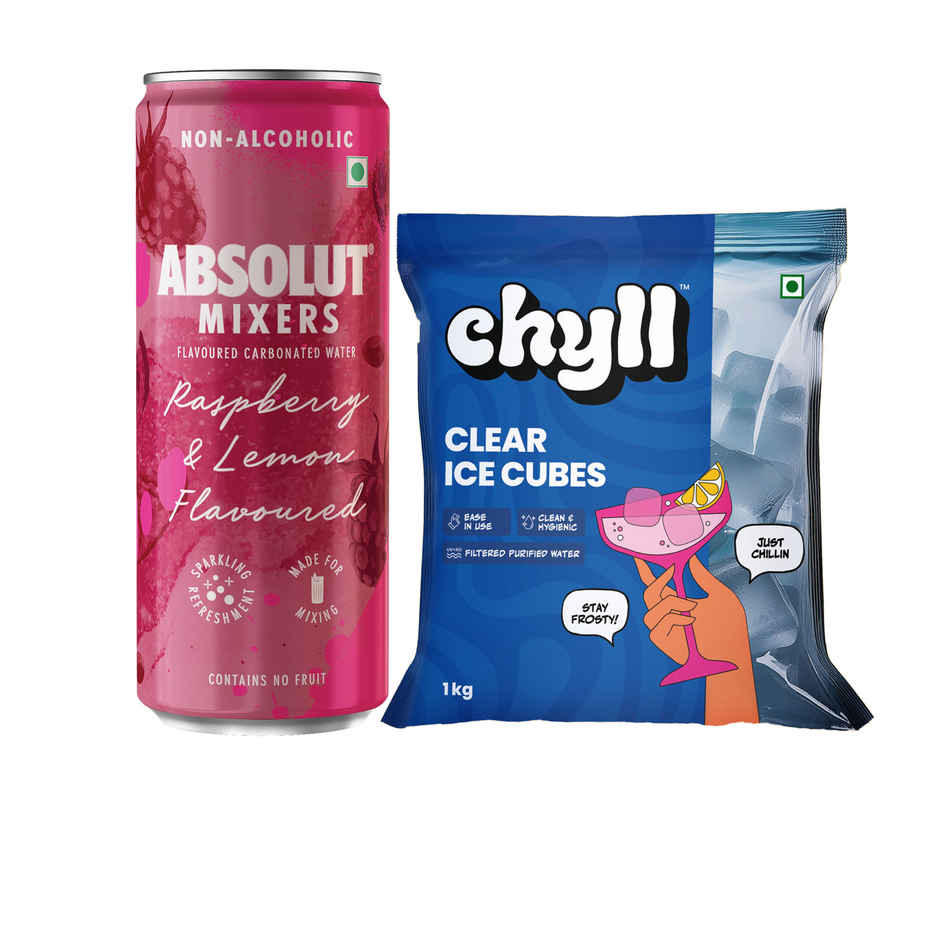 Chyll Ice Cubes (Cube Ice) (1kg) & Absolut Mixers Sparkling Raspberry & Lemon Flavoured (250ml) Combo