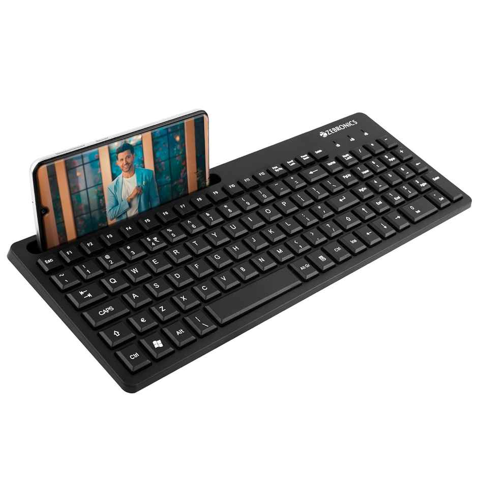Zebronics K36 Wired Keyboard, 106 Keys, Smartphone Holder, 1.2M Cable Length, Rupee Key - Black