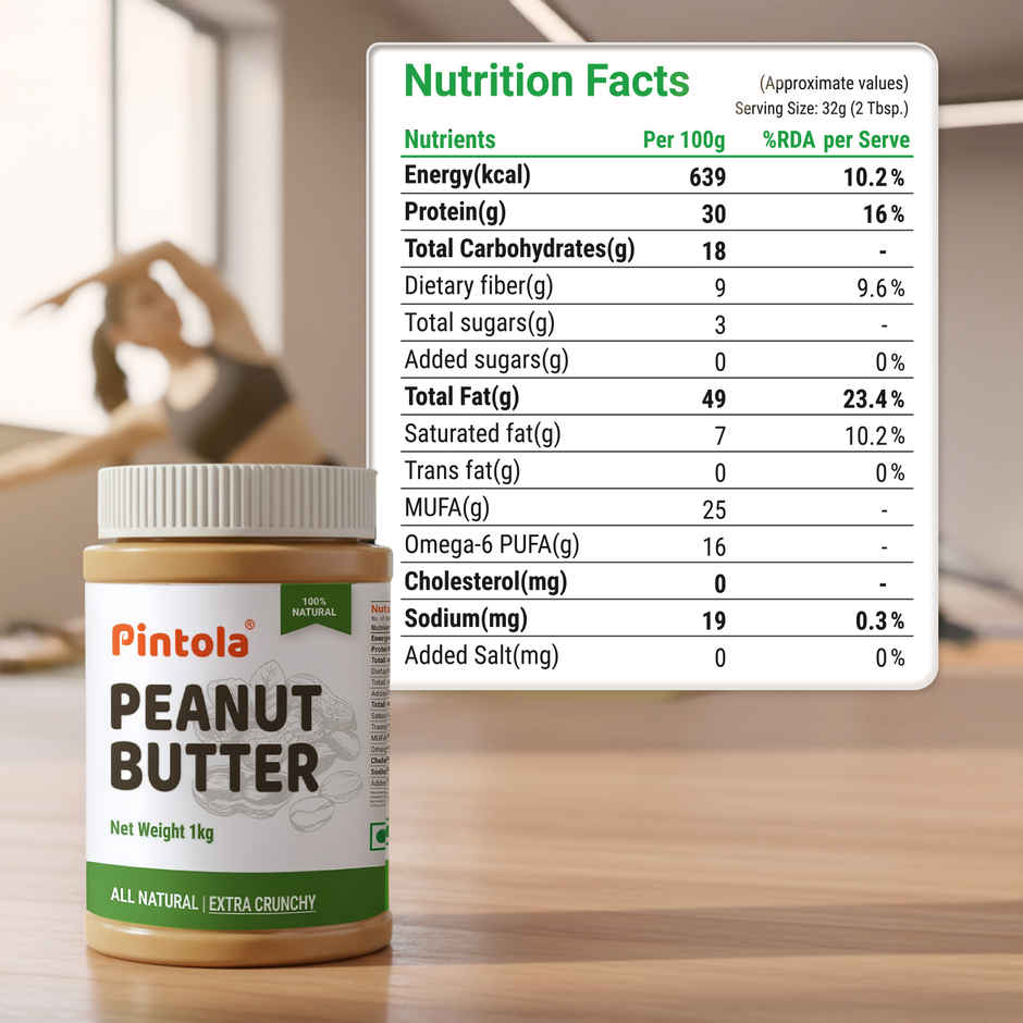 Pintola All Natural Peanut Butter, Extra Crunchy, Unsweetened, 30g Protein, Vegan, Gluten Free