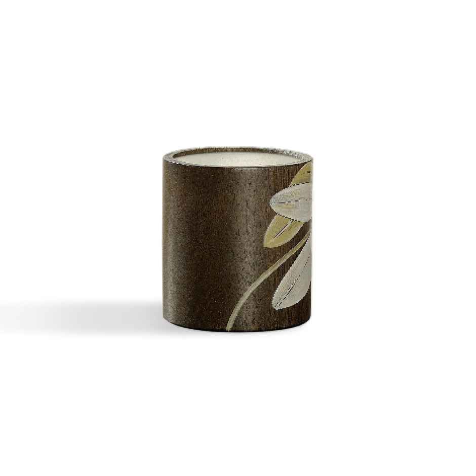 Frangipani Wooden Candle Holder | Small | Wood | Brown and olive green | Ellementry