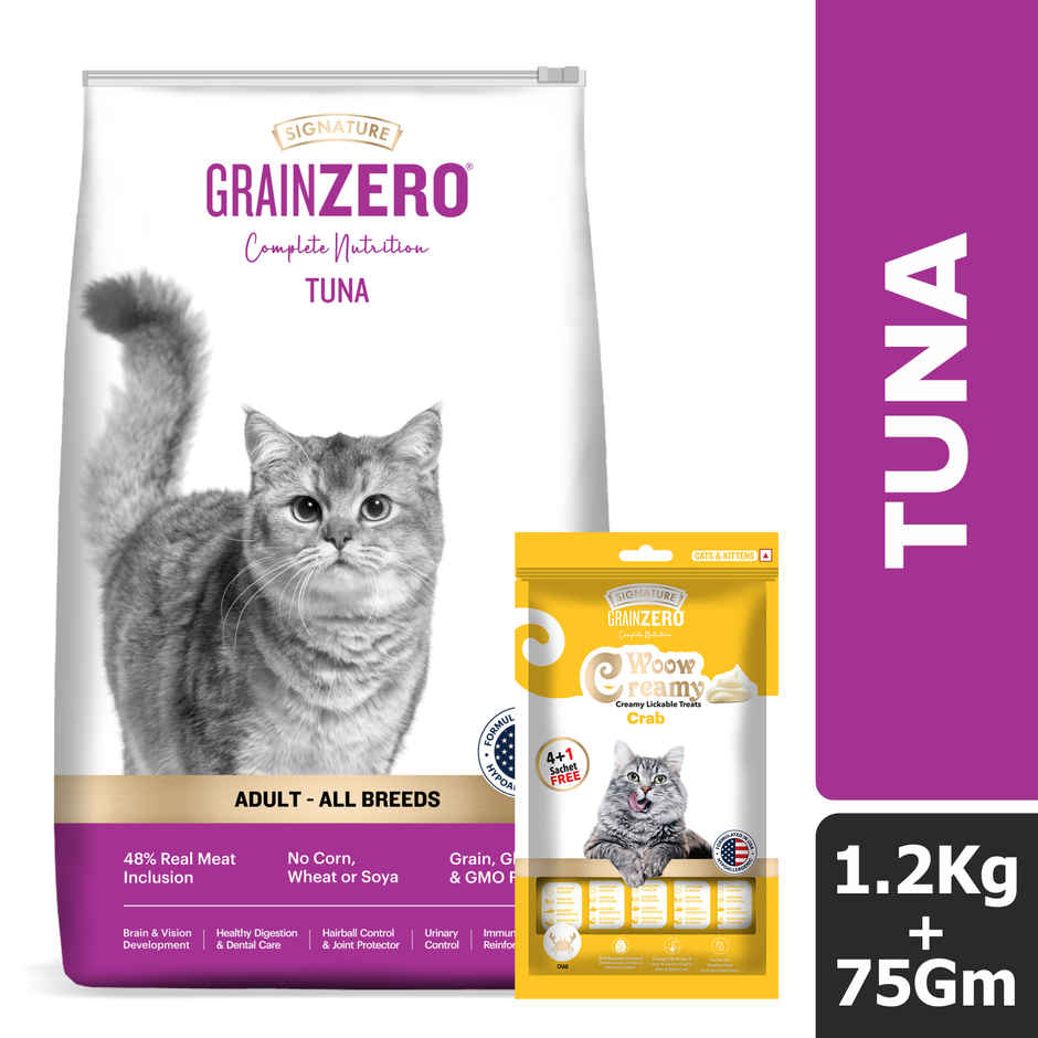 Grain Zero Tuna, Adult Dry Cat Food, 1.2 Kg + Free Cat Creamy Treat 75 g
