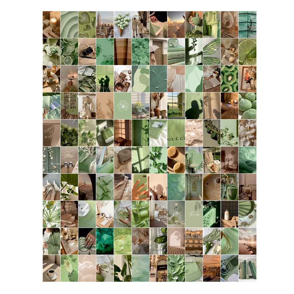 Paper Plane Design Green Beige Aesthetic Wall Posters Collage | Set of 120 | (4 Inch x 6 Inch) D5