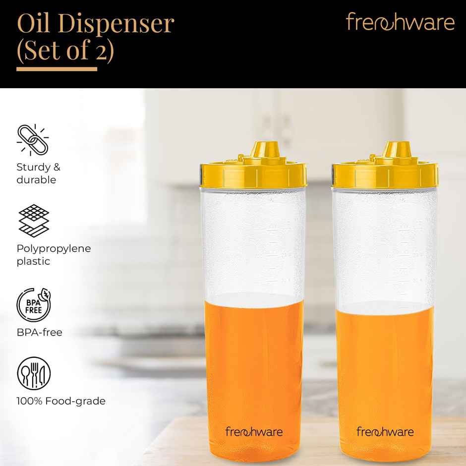 Frenchware Oil Dispenser, BPA-Free Plastic, 100% Food-Grade | 2 Pack, 1 L Each - Textured Yellow