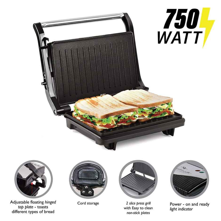Cello Super Club 200+ (Sc-200+) 750-Watt Non-Stick Sandwich Maker | Grill Plate | Black & Silver