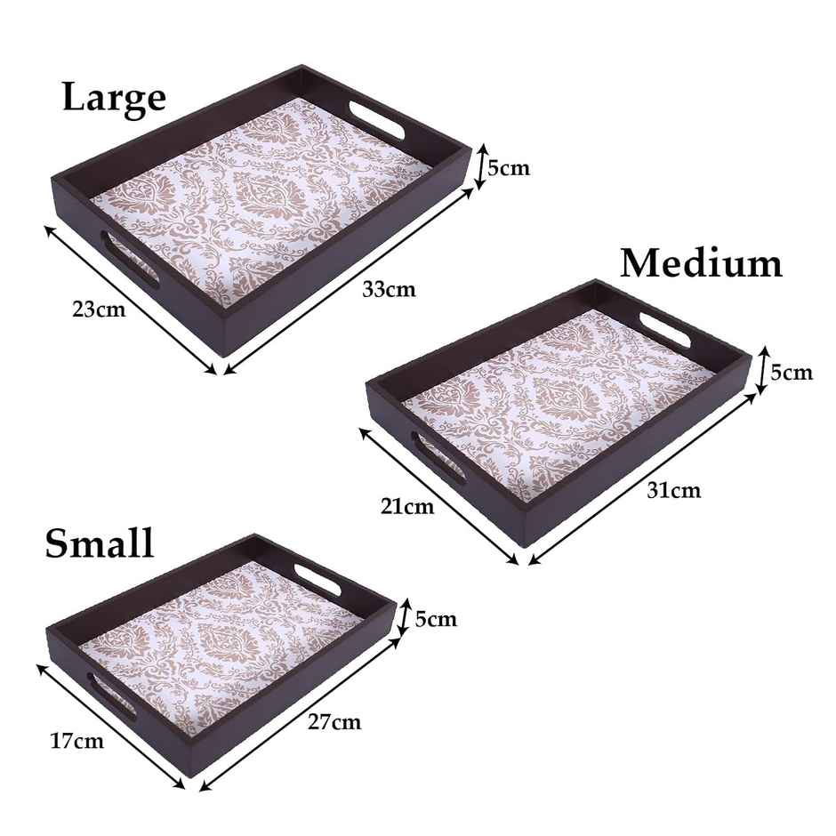 Kuber Industries Wooden Nested Serving Trays | Damask Gold Design | Set of 3 (Brown)