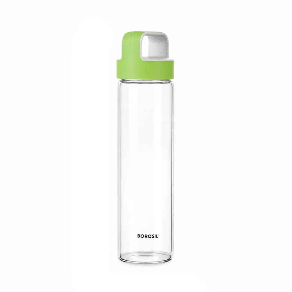 Borosil Borosilicate Neo Glass Water Bottle with Green Lid | Transparent | 550 ml