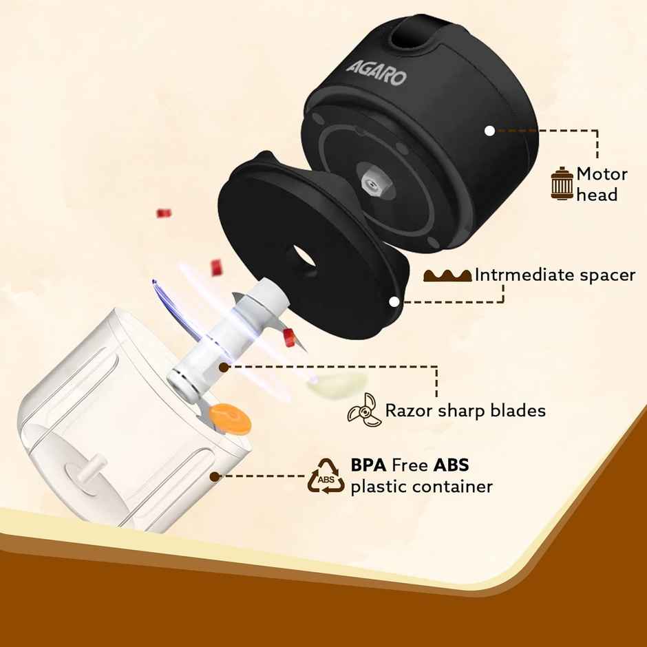 AGARO Elite Rechargeable Mini Electric Chopper, 250 Ml, Stainless Steel Blades, One Touch Operation,for Mincing Garlic,Ginger, Onion,Vegetable,Meat,Nuts - Black