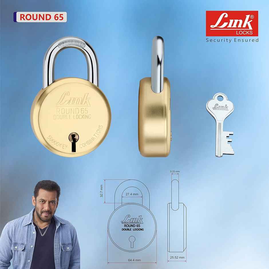 Link Locks Brass Round Pad Lock 65mm With 3 Keys