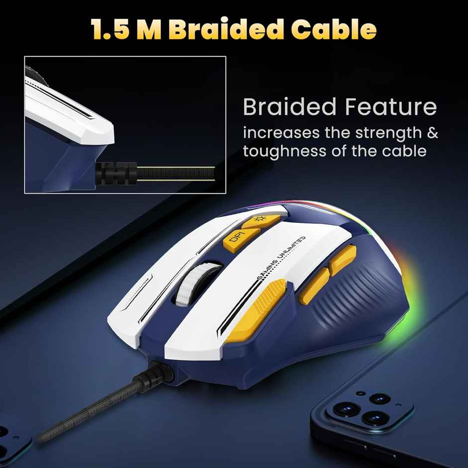 Ant Esports GM333 RGB Wired Ergonomic Gaming Mouse With 1.5M Braided Cable -Black,White,Yellow