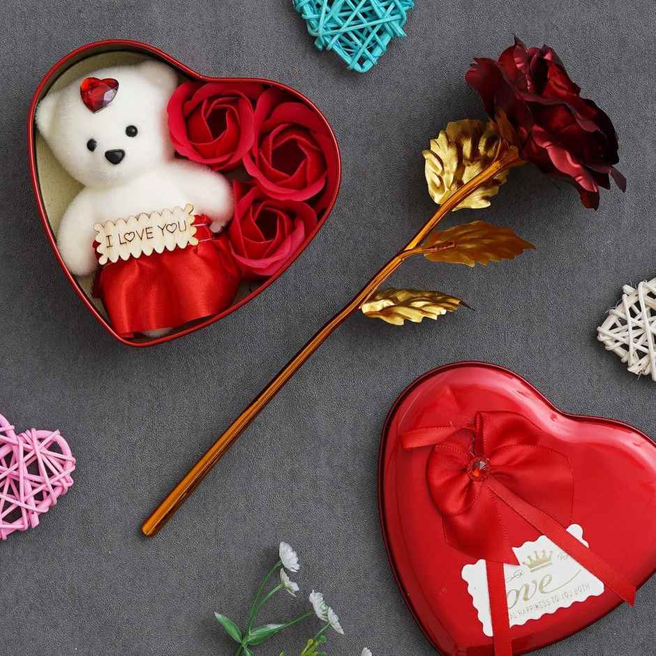 Golden Rose Flower Teddy Heart Gift Hamper Combo | Perpetual Mart