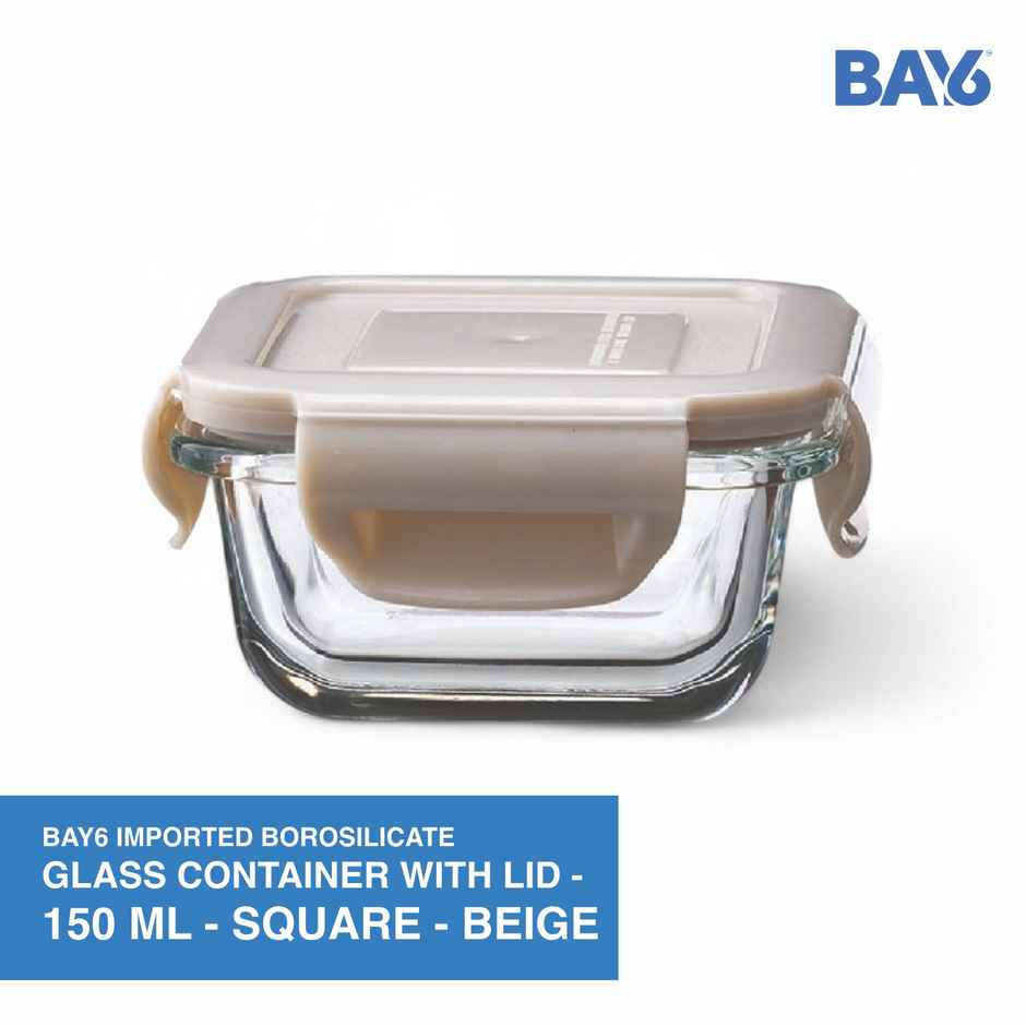 BAY6 Premium Imported Borosilicate Glass Container with Lid 150 ml - Square - Beige