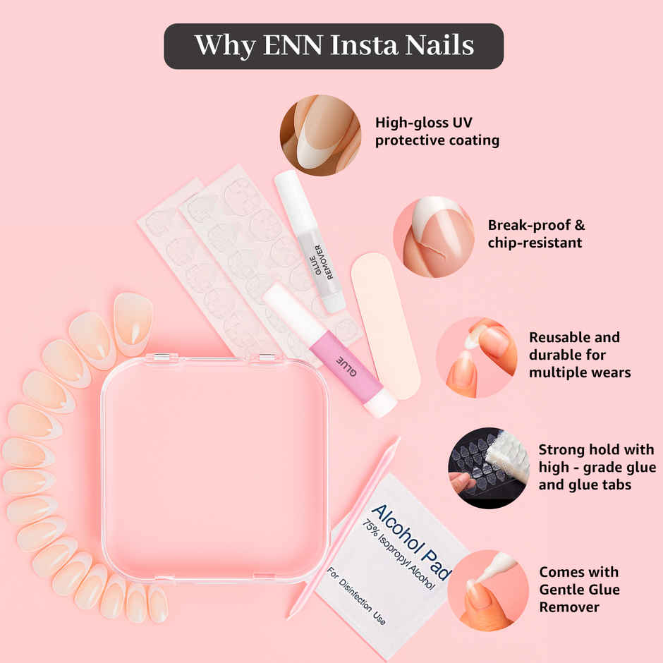 ENN Beauty Insta Nails Reusable UV Coated Press On Kit Soft French Medium Almond