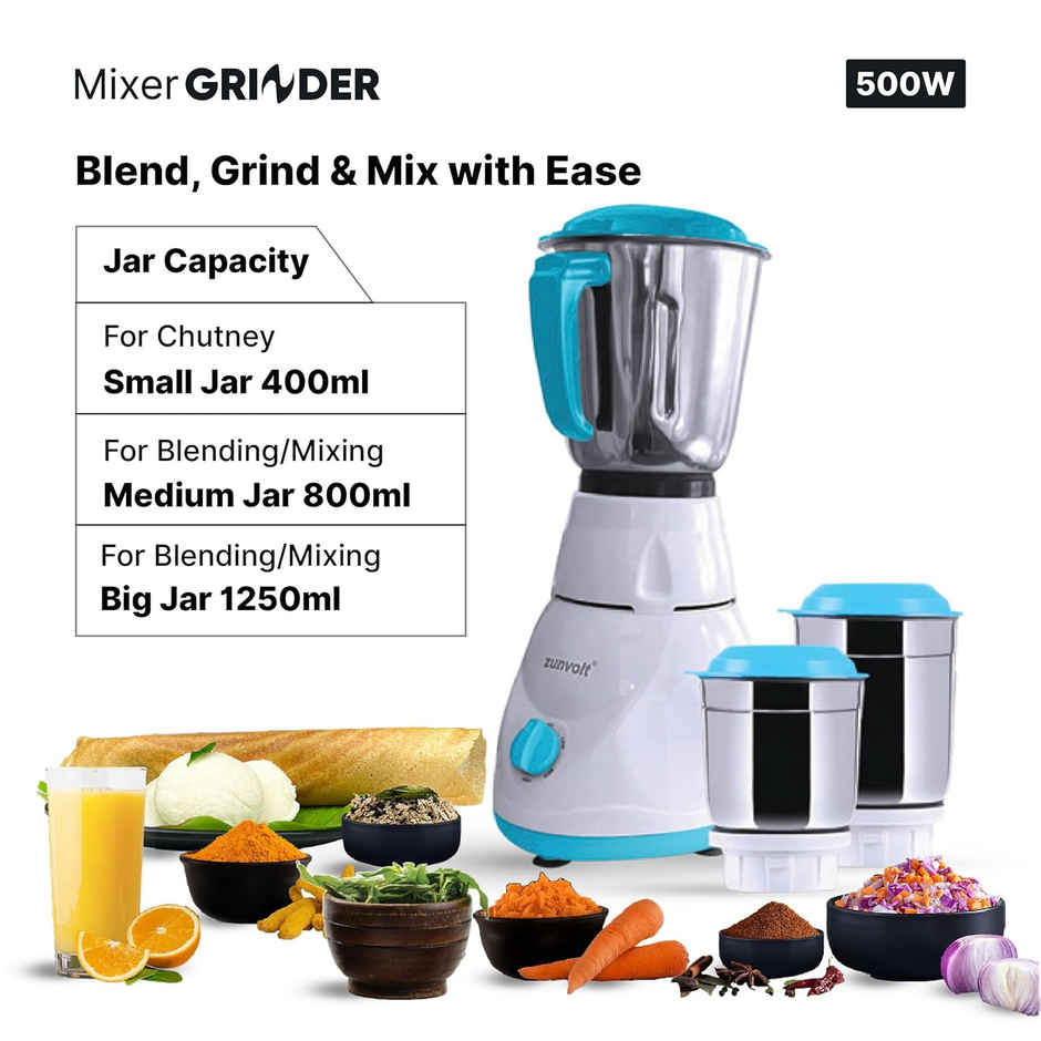 ZunVolt Power MG5 500 Mixer Grinder | 3 Jars | White