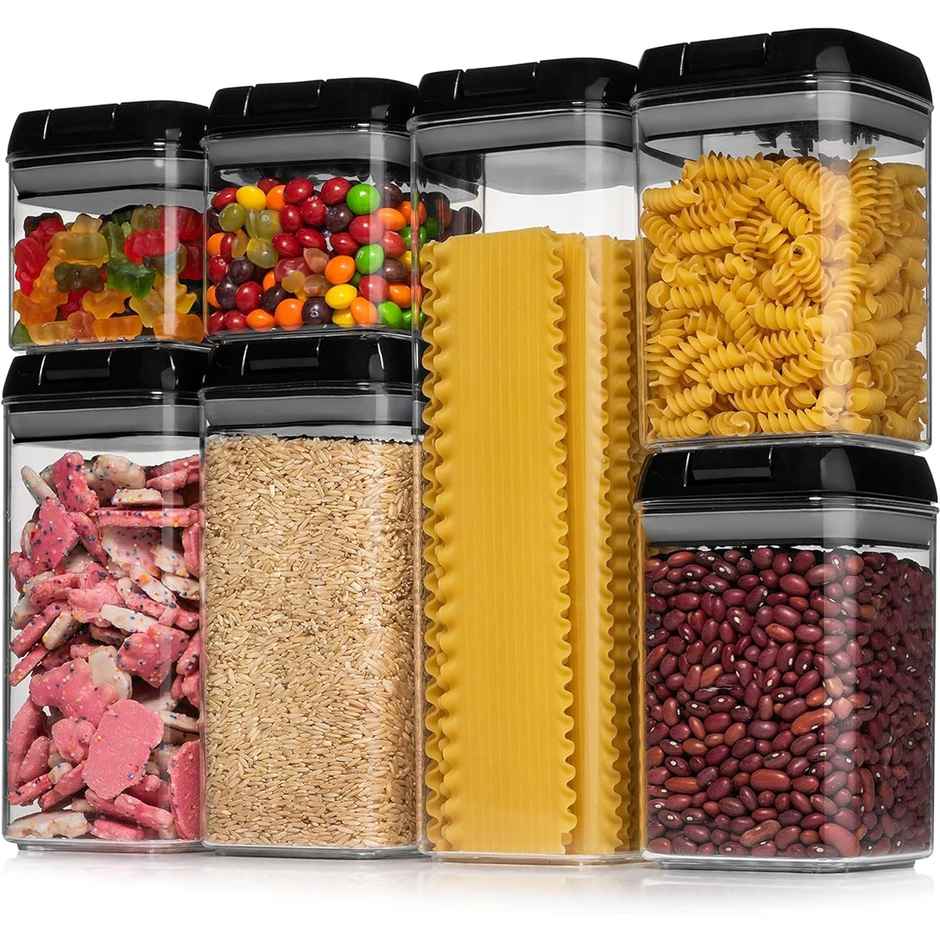 Tex-Ro Black Cap Airtight Plastic Grocery Container for Kitchen Organizer - 1500 ml | Pack of 8