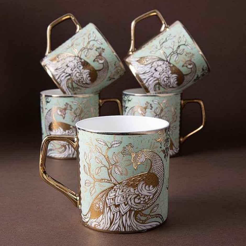 Femora Premium Peacock Ceramic Golden Tea Cup Set Of 6, 180 ml