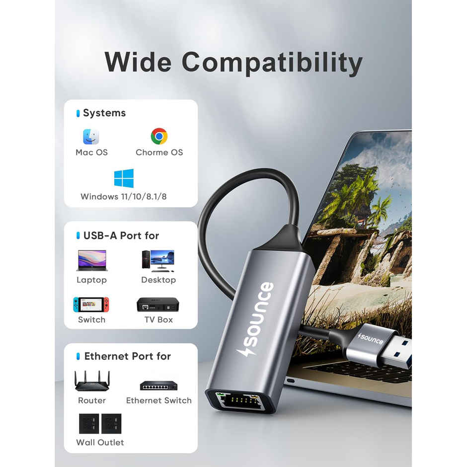 Sounce Usb 2.0 To Rj45 Ethernet Adapter, Usb To 10/100/1000 Gigabit Ethernet Lan Network Adapter, Black