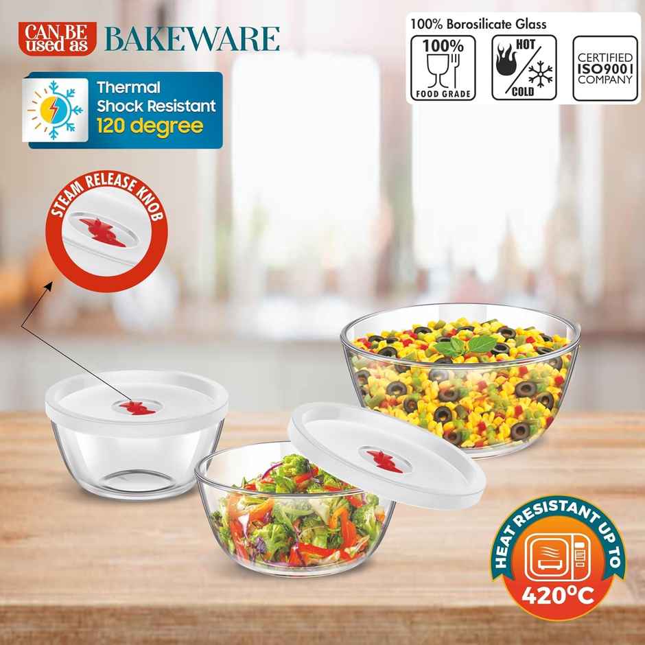 SignoraWare Mixing Borosilicate Glass Bowl Set Of 3 With Lids, 500Ml+1000Ml+1500Ml, 1220Clear