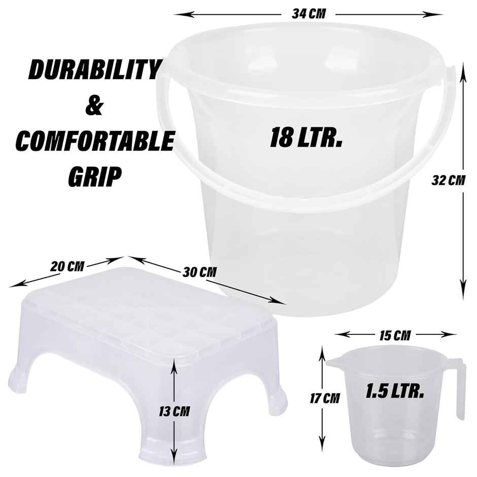 Kuber Industries Bucket-Stool-Mug Plastic Bathroom Combo Set|Set of 3|Transparent