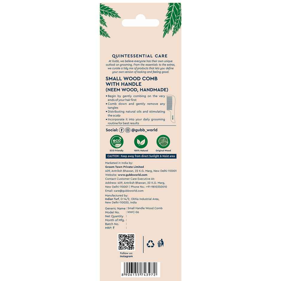 GUBB Small Handle Neem Wood Comb