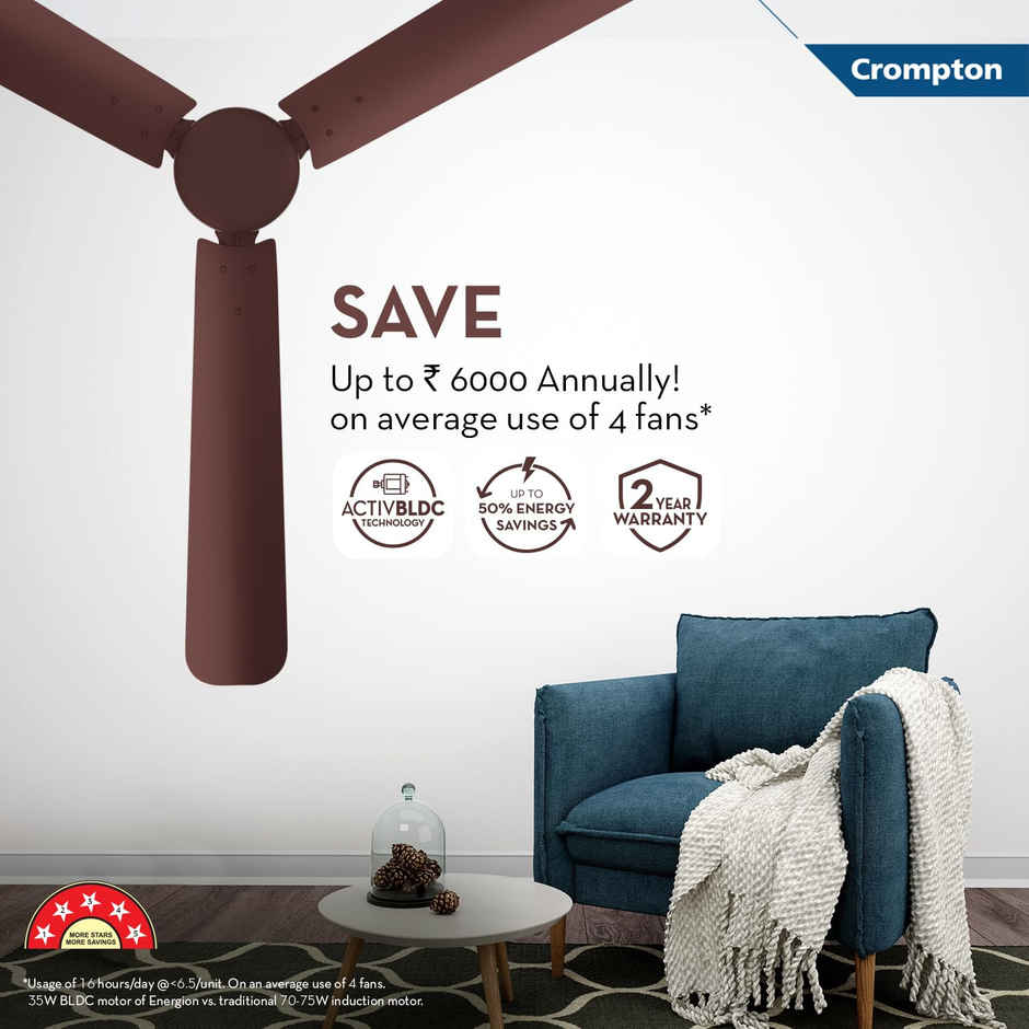 Crompton Energion Hyperjet BLDC Ceiling Fan, 28Watt, 1200mm/48 Inches, Dual Control Fan - Remote & Regulator Control, Anti-Rust - Brown