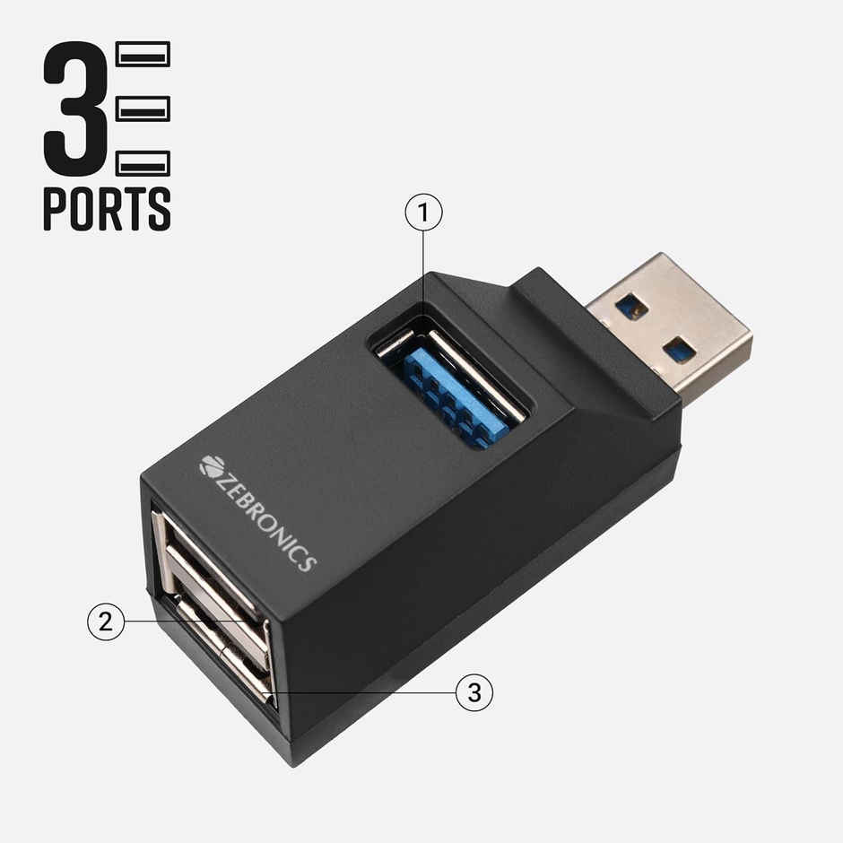 Zebronics ZEB-180HB 3 Ports, USB 3.0, Transfer Speeds upto 5 Gbps, Lightweight Design, Compact USB Hub - Black