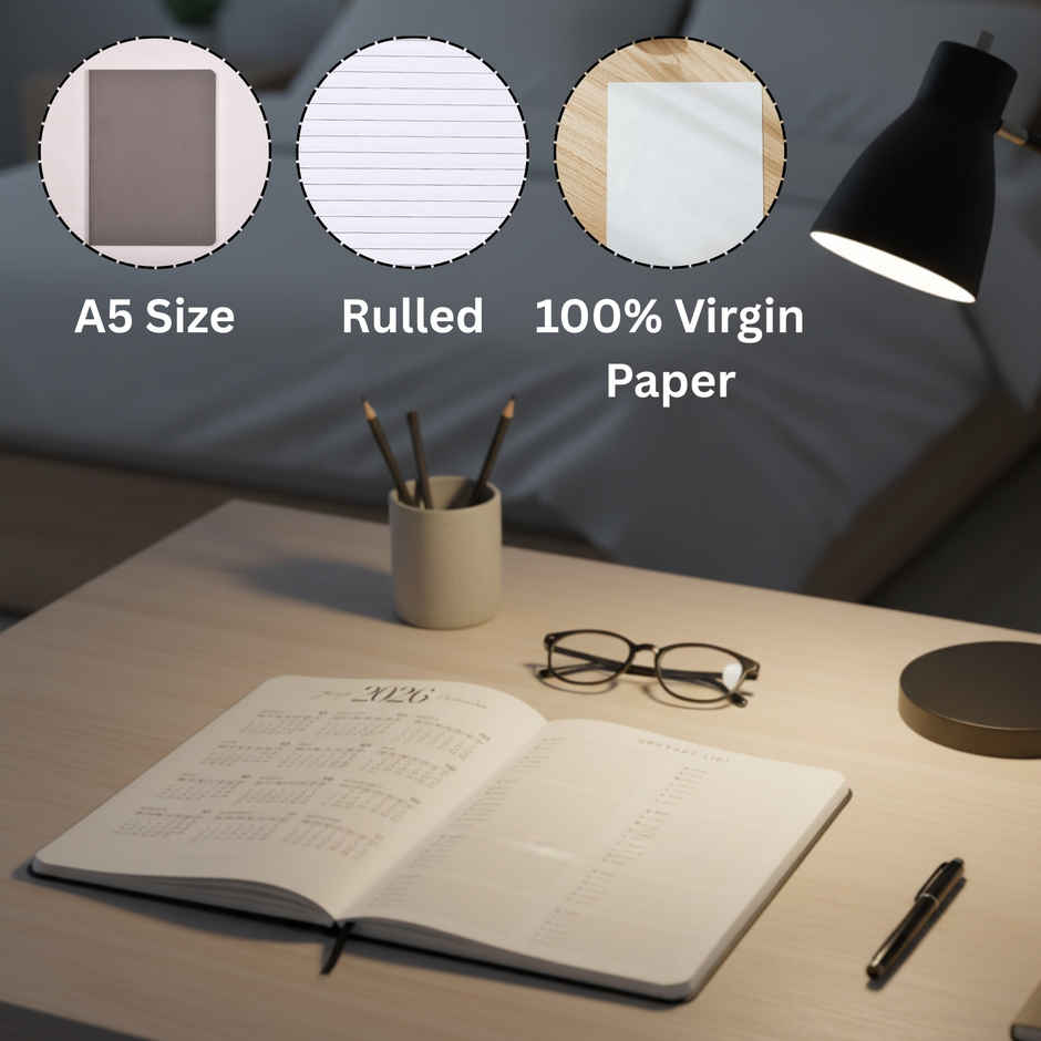 DRAWGUUD A5 Journal Leatherite Notebook, Hardback 100 GSM 256 Pages Lined | Grey | 14.5 x 21.3 cm