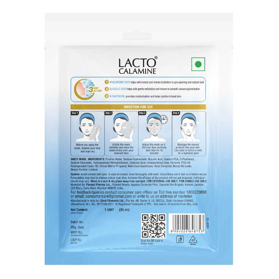Lacto Calamine Hyaluronic Acid Face Sheet Mask for Intense Hydration, Refreshing, Plumpy & Dewy Skin