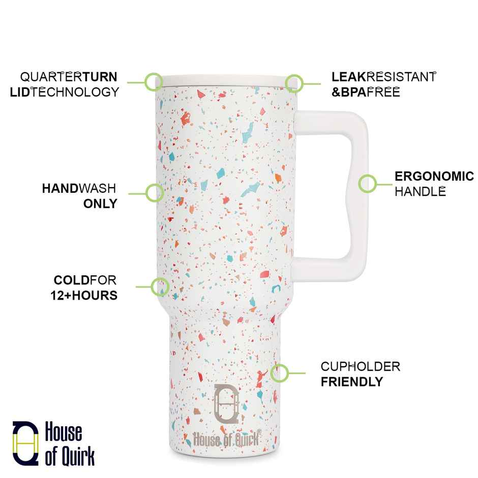 House of Quirk Stainless Steel Tumbler with Handle & Lid, 2 Straws | Cream Paint - 1200 ml