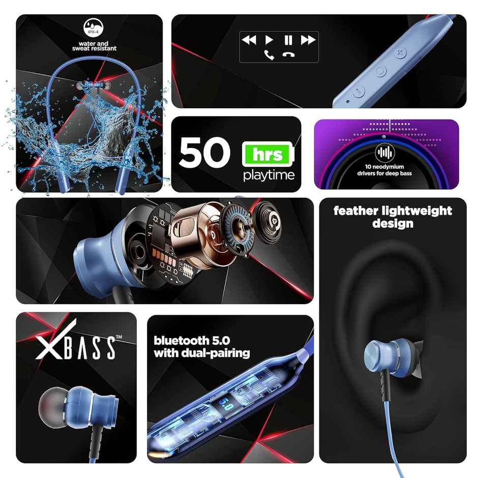Nu Republic Pulse Metal in ear Bluetooth Neckband With Upto 50Hrs Playtime Enc Fast Charging Dual Pairing Bluetooth Headset - Blue