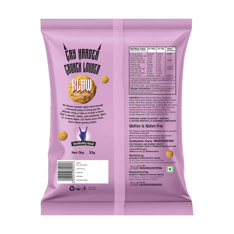 Klaw Scream & Onion Supergrain Puffs | Baked Not Fried | High Protein | Made with Olive Oil