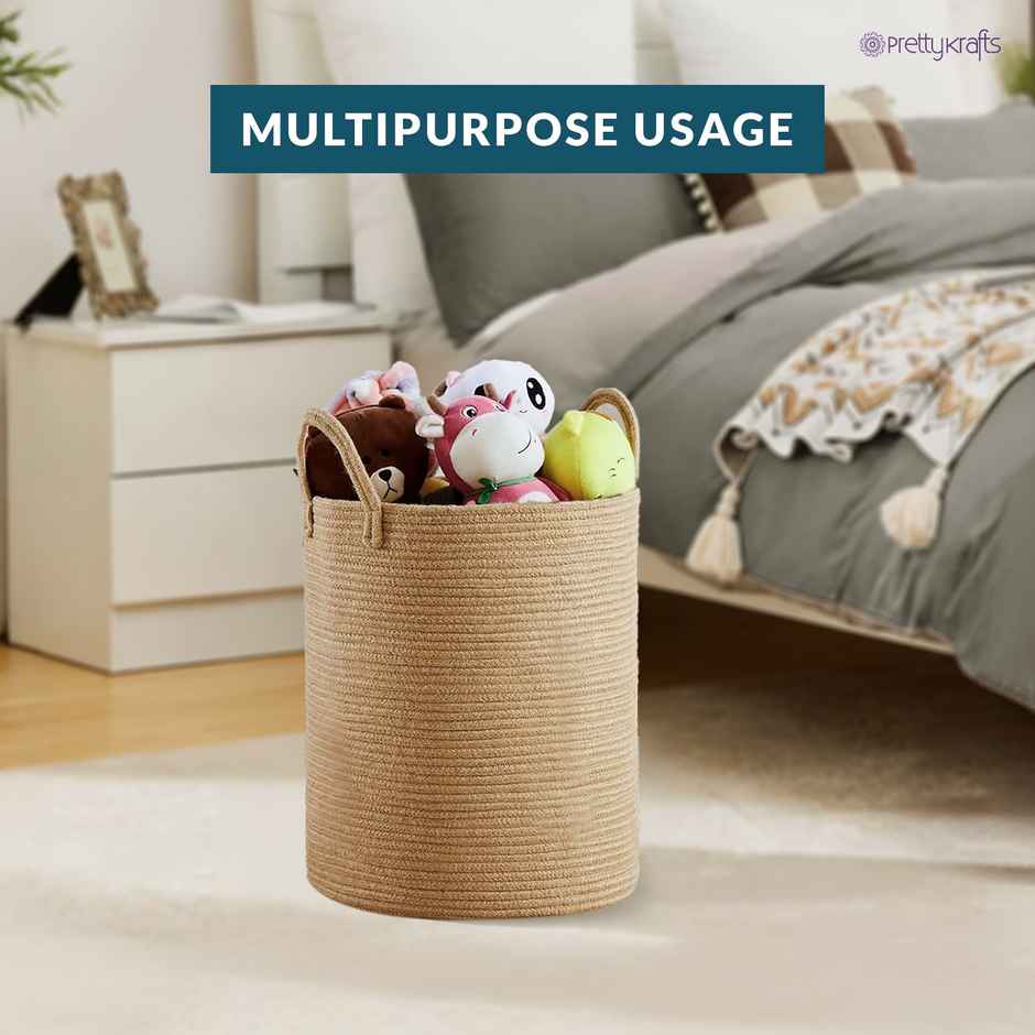 PrettyKrafts Jute & Rope Basket | Multipurpose Organizer for Laundry, Toys, Plants - Natural Brown
