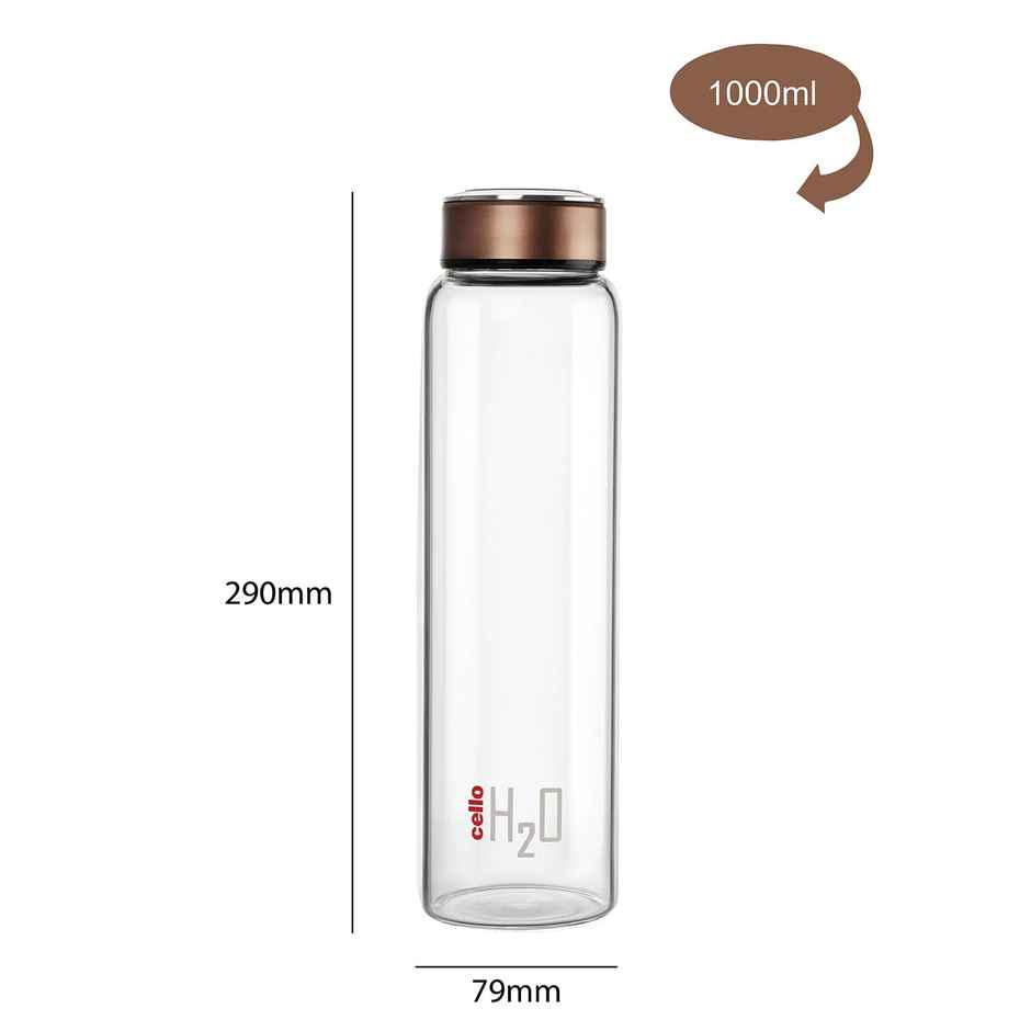 CELLO H2O Glass Fridge Water Bottle with Cap 1000ml, Copper | Food Grade, Microwave & Freezer Safe