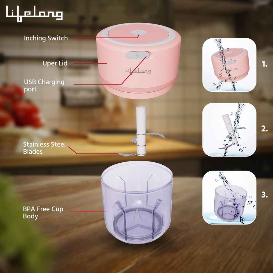 Lifelong LLWC03 (30Watt) USB Rechargeable Wireless Electric Chopper, 250ml, with Stainless Steel Blades for Onion, Garlic, Vegetables, Nuts, Meat - Pink