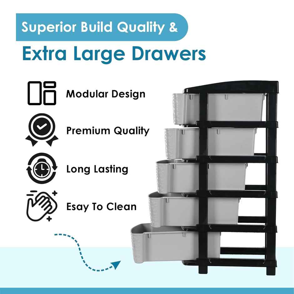 Kuber Industries Modular 5-Layer & 60 L Plastic Drawer Storage Organiser | Black & Grey