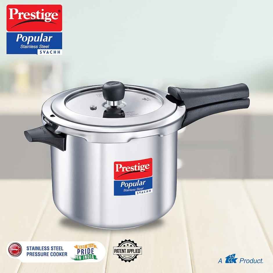 Prestige Popular Svachh SS Pressure Cooker 5L,Controls Spillage,Gas and Induction Compatible,Silver