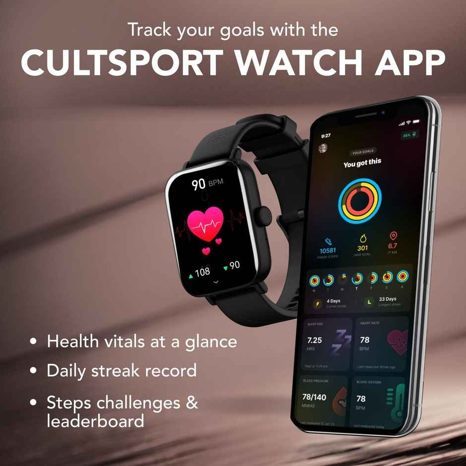 Cultsport Beats 1.85" HD Display, BT Calling Smartwatch, Crown Control, (Black)